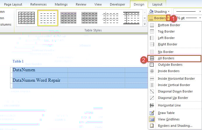 Click on Drop-down Button Next to "Borders" Command->Choose "All Borders"