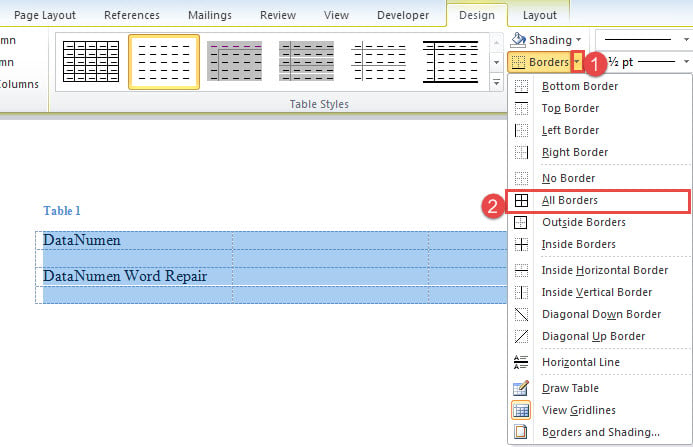 Click on Drop-down Button Next to "Borders" Command->Choose "All Borders"