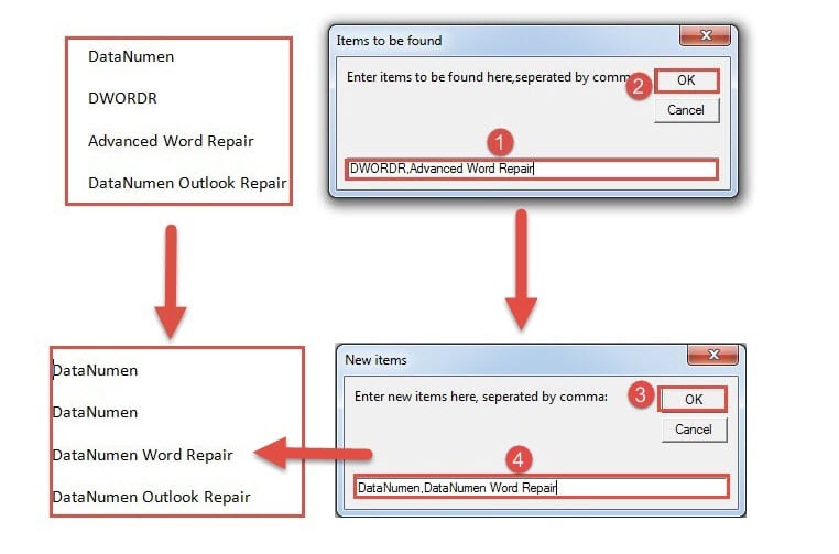 Enter Items in Both Input Boxes and Click "OK"