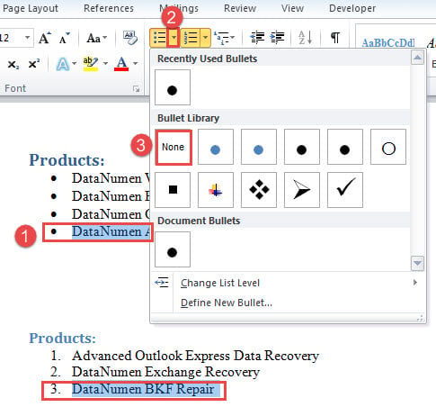 Select Entries->Click on Drop-down Button on "Bullets" or "Numbering" Command->Choose "None"