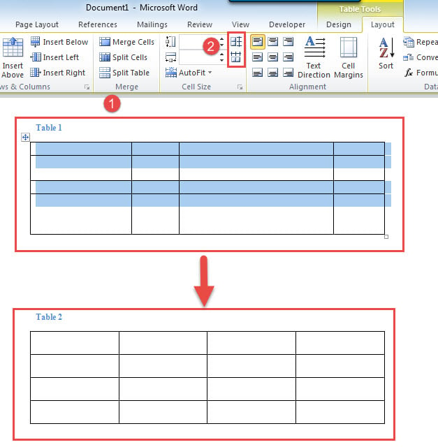 Select Table->Click "Distribute Rows" and "Distribute Columns"