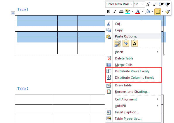 Select Table->Right Click ->Click "Distribute Rows Evenly" or "Distribute Columns Evenly"