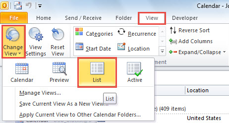 Change Calendar View to List View
