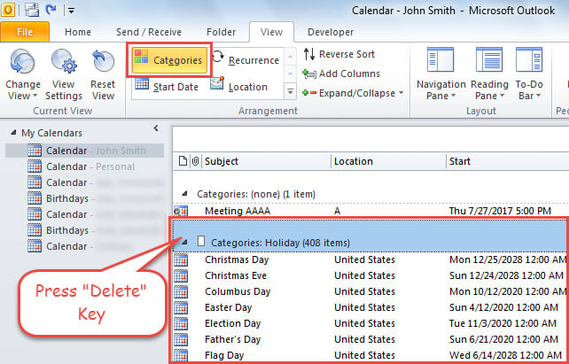 Group by Categories & Delete All Holidays