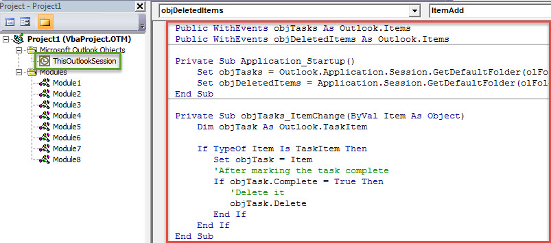 VBA Code - Auto Delete an Outlook Task after Marking It Complete