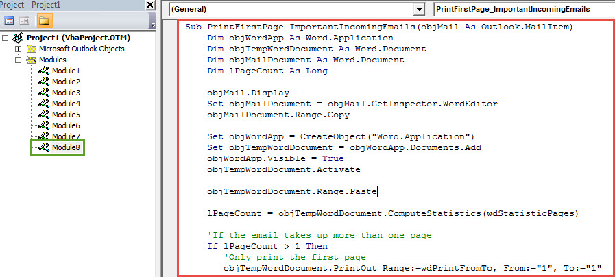 VBA Code - Auto Print the First Page of Important Incoming Emails