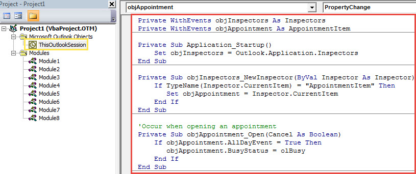 VBA Code - Auto Set the Status of All Day Event to "Busy"