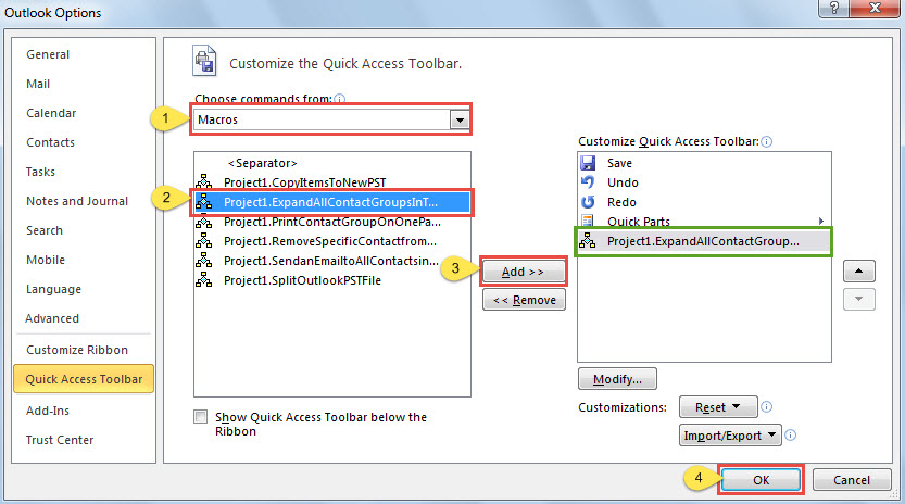 Add this VBA project to the Quick Access Toolbar of Message window