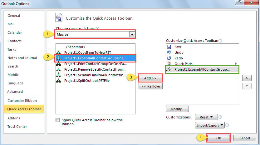 Add this VBA project to the Quick Access Toolbar of Message window