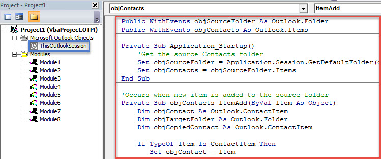 VBA Code - Auto Sync New Contacts to another Contacts Folder
