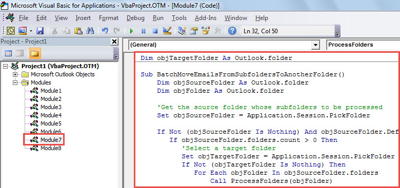 VBA Code - Batch Move Emails from All Subfolders of One Folder to Another Folder