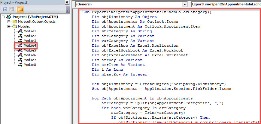 VBA Code - Export Total Time Spent on the Appointments in Each Color Category