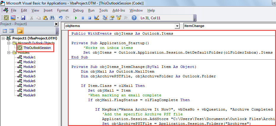 VBA Code - Auto Archive a Flagged Email after Marking It Complete