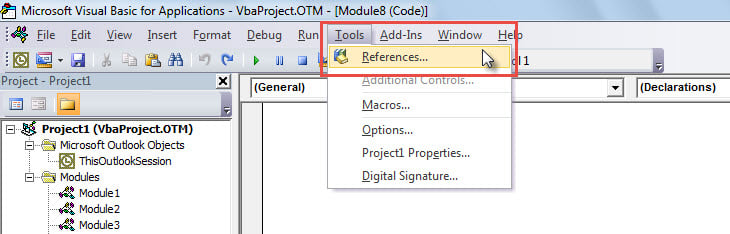 Select "References" Option from "Tools" Drop Down List