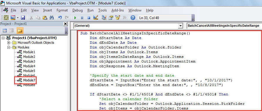 VBA Code - Batch Cancel All Meetings Scheduled in a Specific Date Range