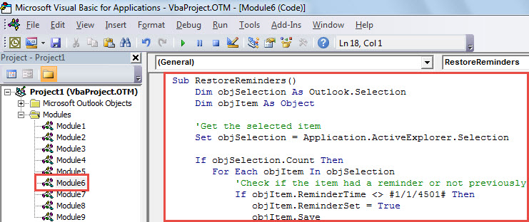 VBA Code - Restore Task Reminders