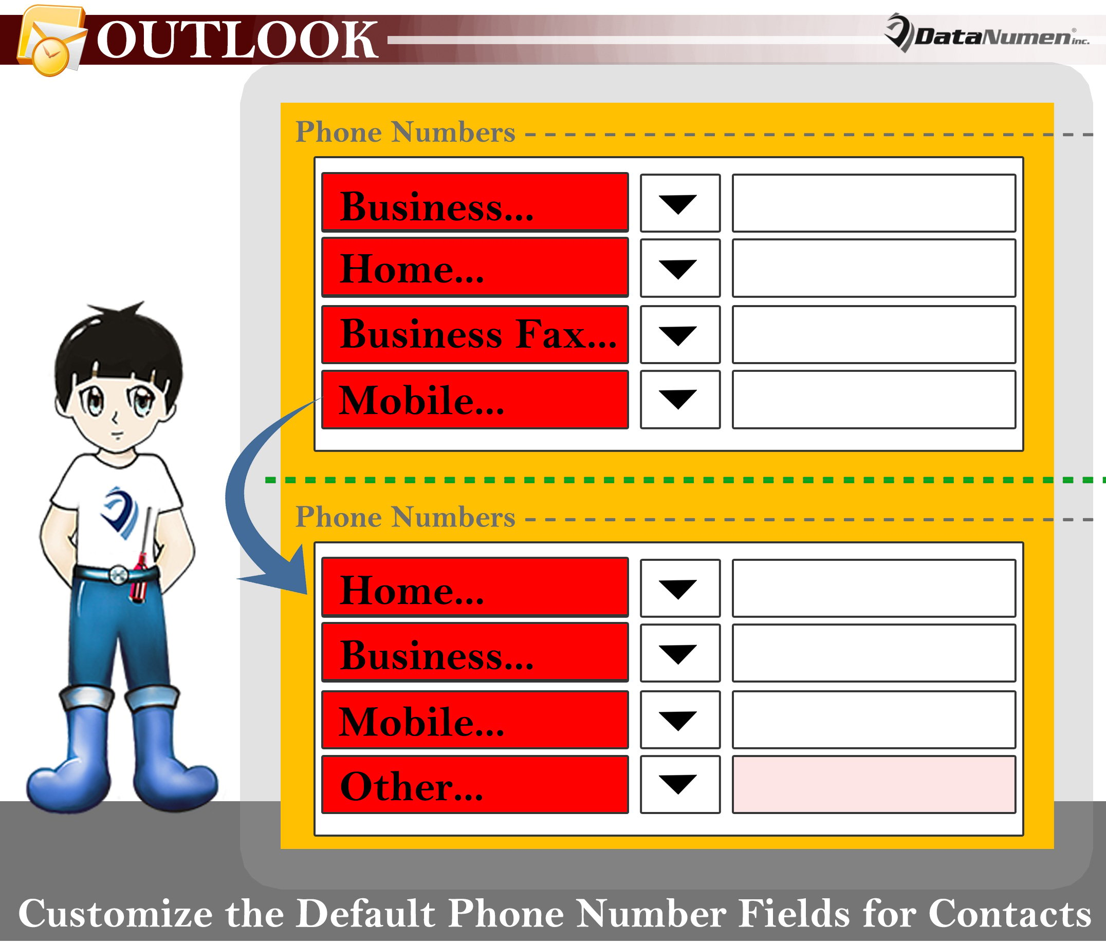 Quickly Customize the Default Phone Number Fields for Outlook Contacts