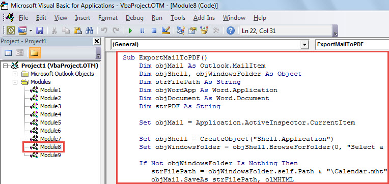 VBA Code - Export Current Mail to PDF