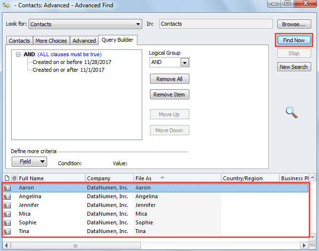 Found Contacts by Advanced Find