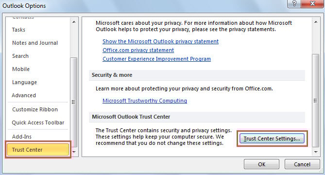 Trust Center Settings