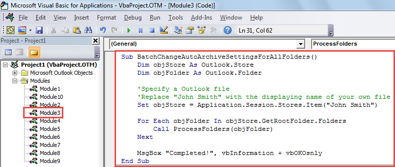 VBA Code - Batch Apply Same "AutoArchive" Setting to All Folders