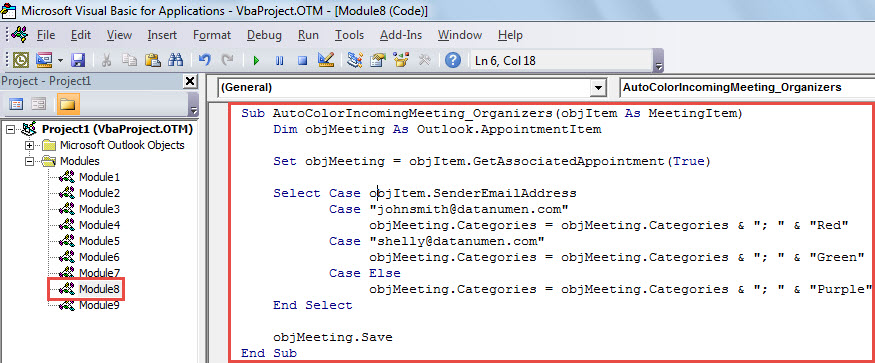 VBA Code - Auto Color Categorize Incoming Meetings