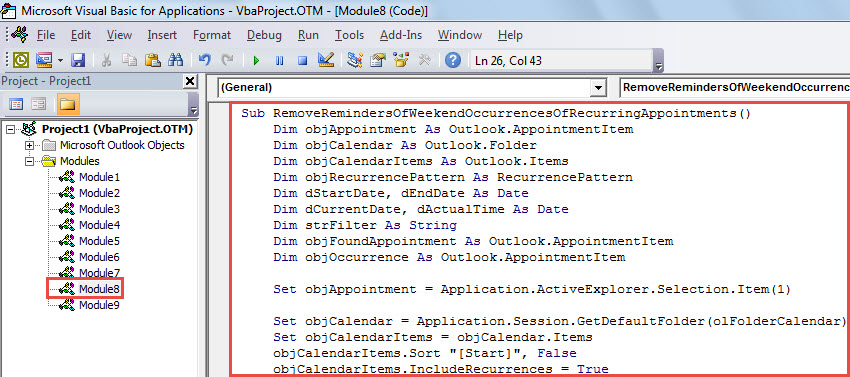 VBA Code - Remove the Reminders from Weekend Occurrences of a Recurring Appointment