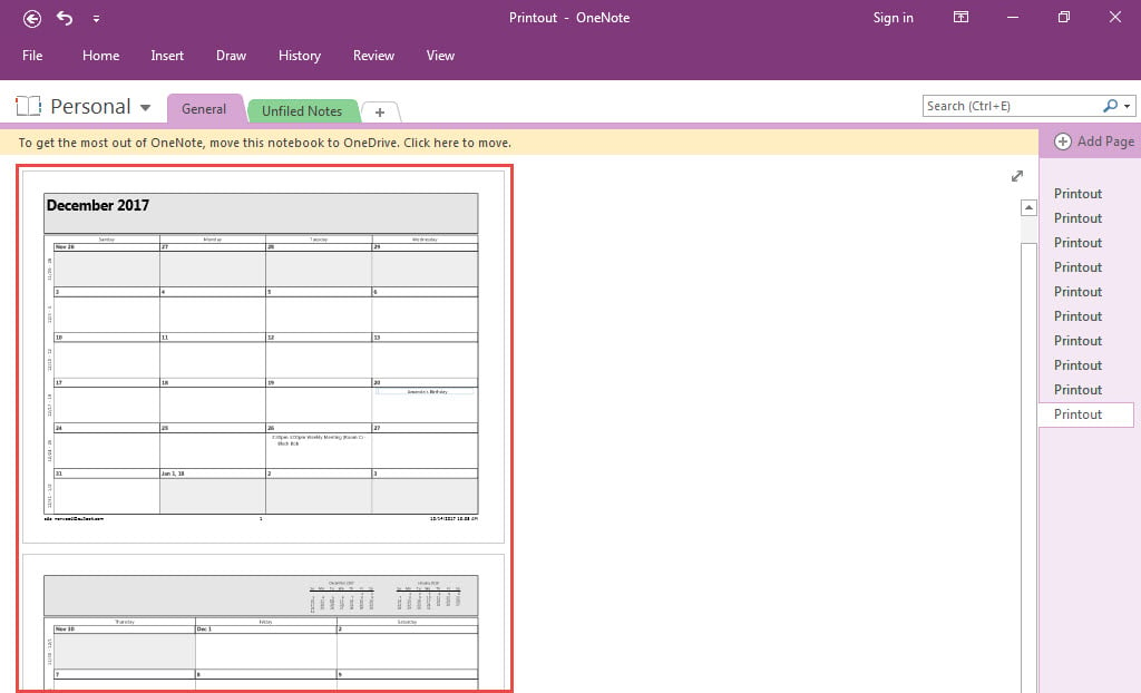 Calendar in OneNote