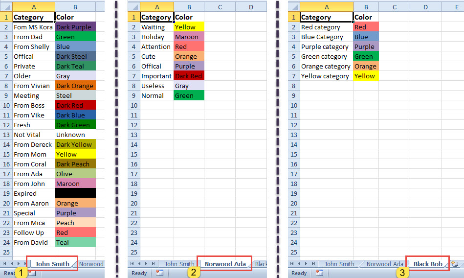 Exported Color Category Lists in Excel File