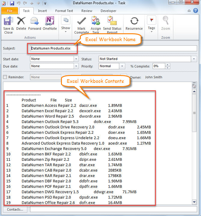 New Task with Excel Workbook Contents in Body