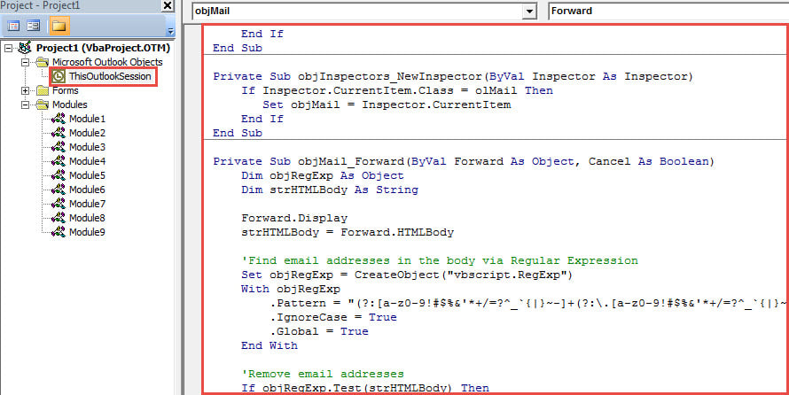 Put VBA Code into ThisOutlookSession Project