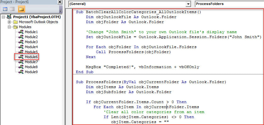 VBA Code - Batch Clear All Color Categories in All Outlook Items