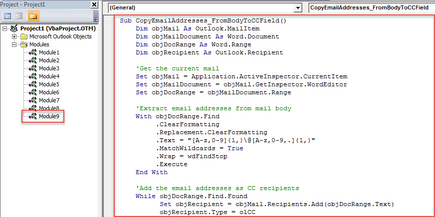VBA Code - Copy Email Addresses Occurring in Body to "CC" Field