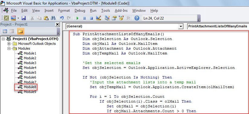 VBA Code - Print Attachment Lists of Multiple Emails