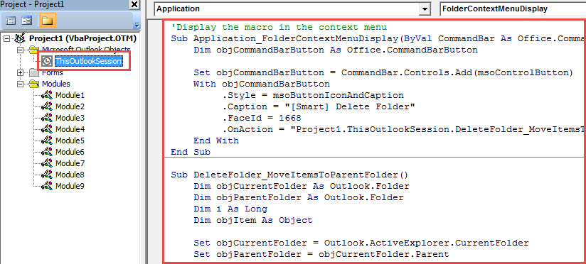 Copy Code into ThisOutlookSession Project