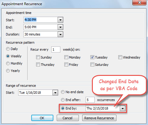 Changed Recurrence End Date as per Code