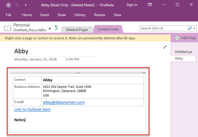 Contact Link in OneNote