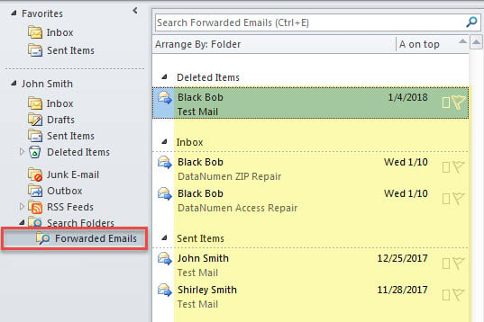 Forwarded Emails in Search Folder