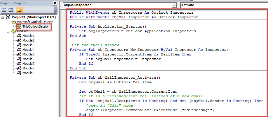 VBA Code - Open Received/Sent Emails in "Edit" Mode Automatically