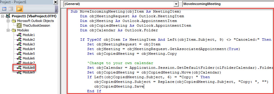 VBA Code - Auto Move Incoming Meetings to a Specific Calendar