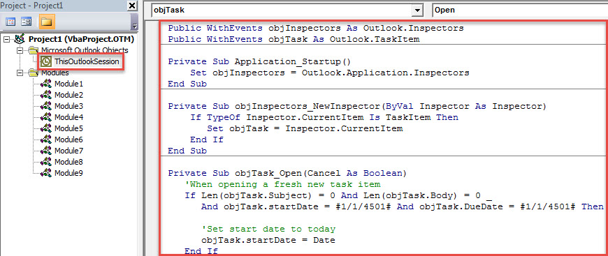 VBA Code - Auto Preset Today as the Start Date of a New Task