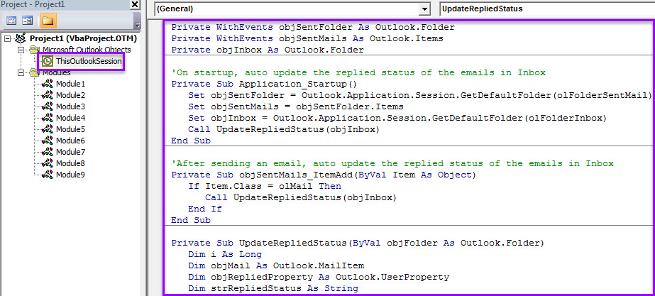 VBA Code - Auto Update Replied Status of Emails