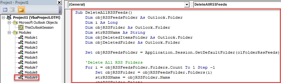 VBA Code - Delete Both RSS Feeds & Previously Downloaded Items