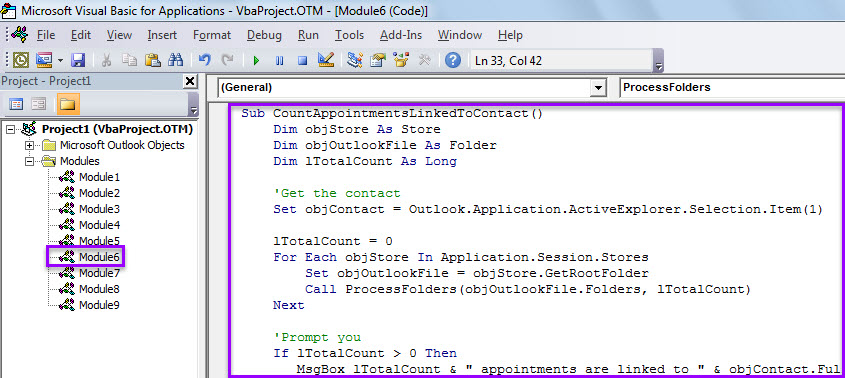 VBA Code - Count the Appointments Linked to a Contact