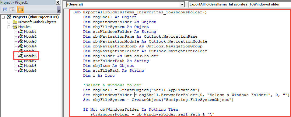 VBA Code - Export All Folders & Items in "Favorites" Section to a Windows Folder