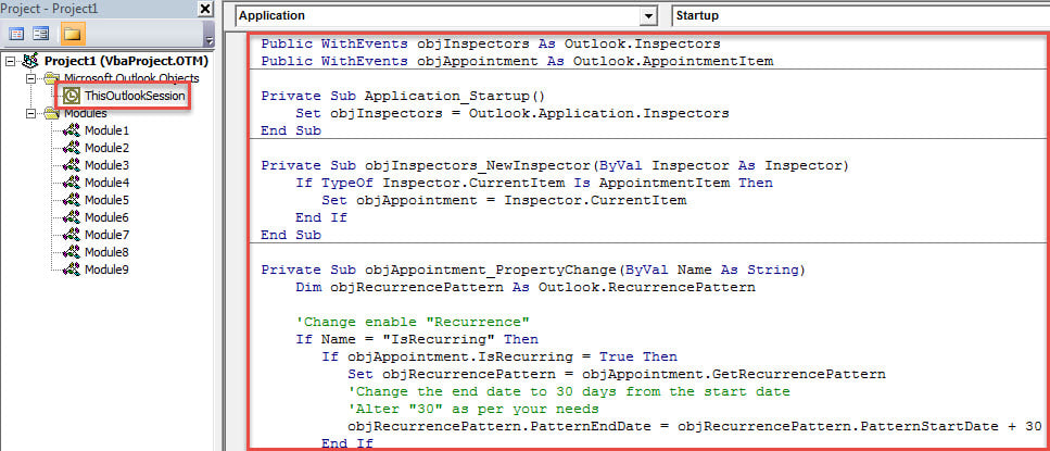 VBA Code - Set the Default End Date of Recurring Appointments