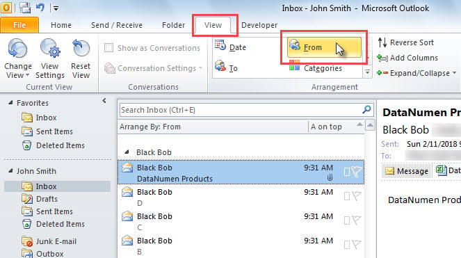 Arrange Inbox Items by "From"