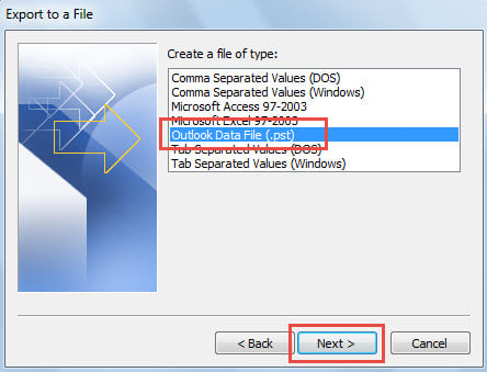 Export to Outlook Data File (.pst)