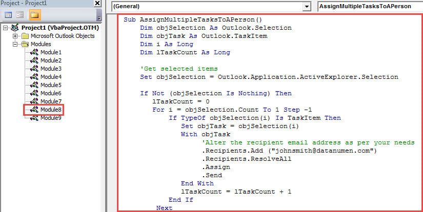 VBA Code - Batch Assign Multiple Outlook Tasks to One Person