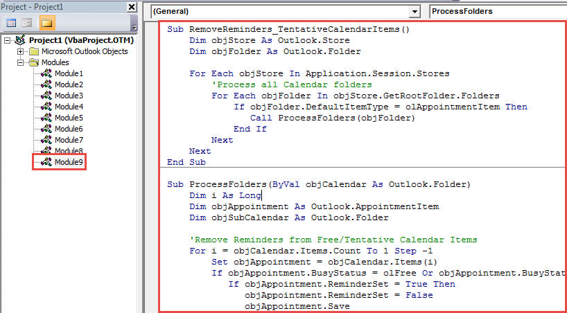 VBA Code - Batch Remove Reminders from All Free or Tentative Calendar Items